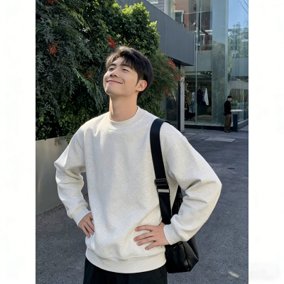 白花灰无帽圆领卫衣男秋冬季美式