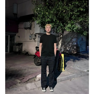 何以至此格子休闲长裤男夏季美式vintage裤子直筒修身弯刀微喇裤