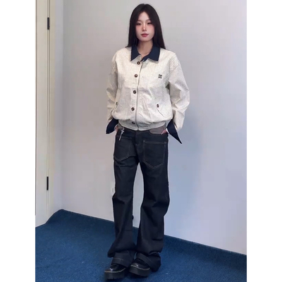 美式纽扣设计格纹翻领夹克男秋季