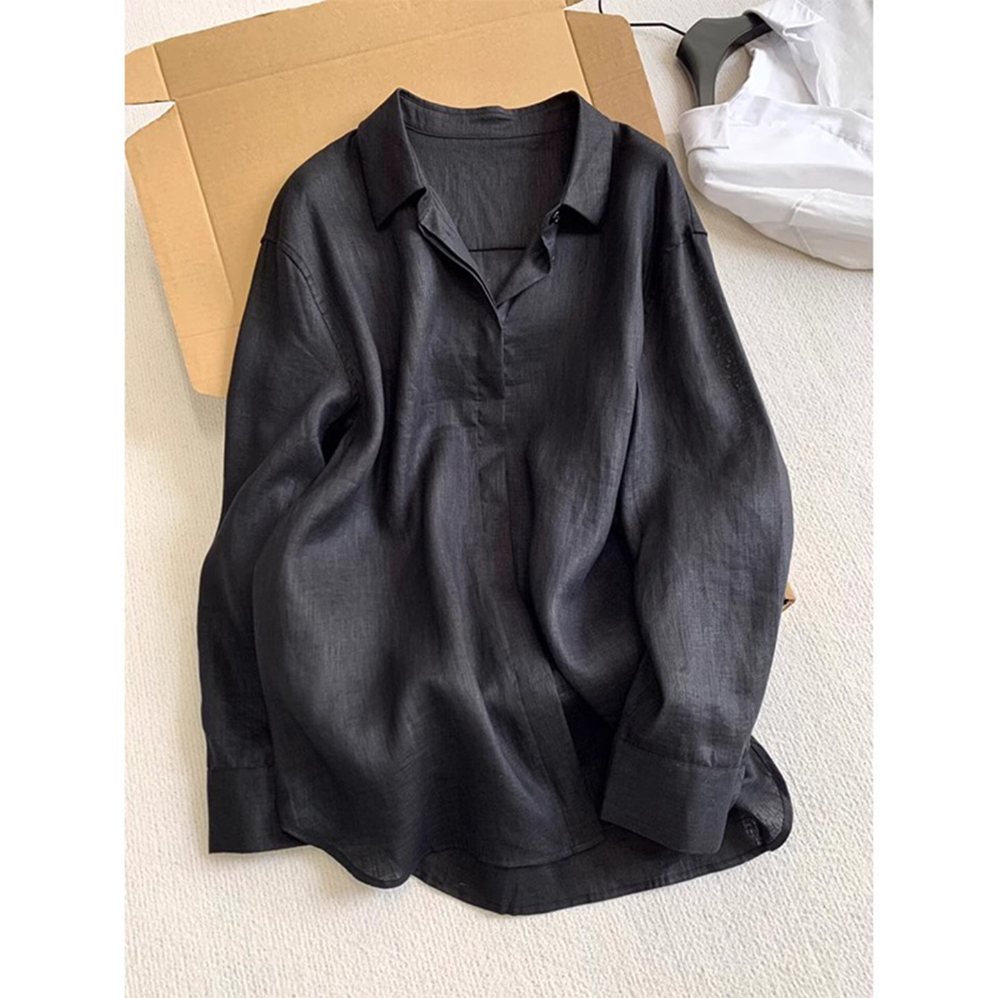 黑色棉麻长袖衬衫男士夏季薄款