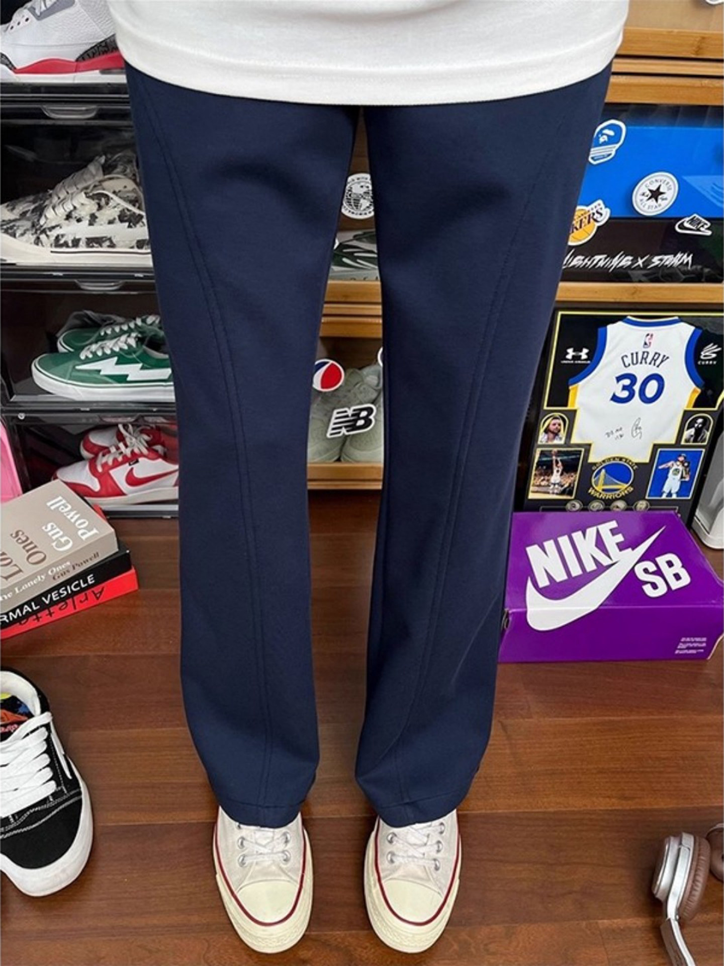 藏青色修身直筒健身裤子男秋季美式斜切微喇卫裤显高显瘦休闲长裤