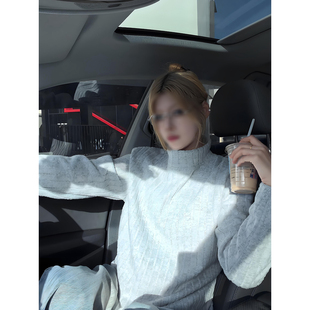 浅灰色竖条纹长袖t恤男秋冬加绒加厚保暖卫衣半高领内搭打底上衣