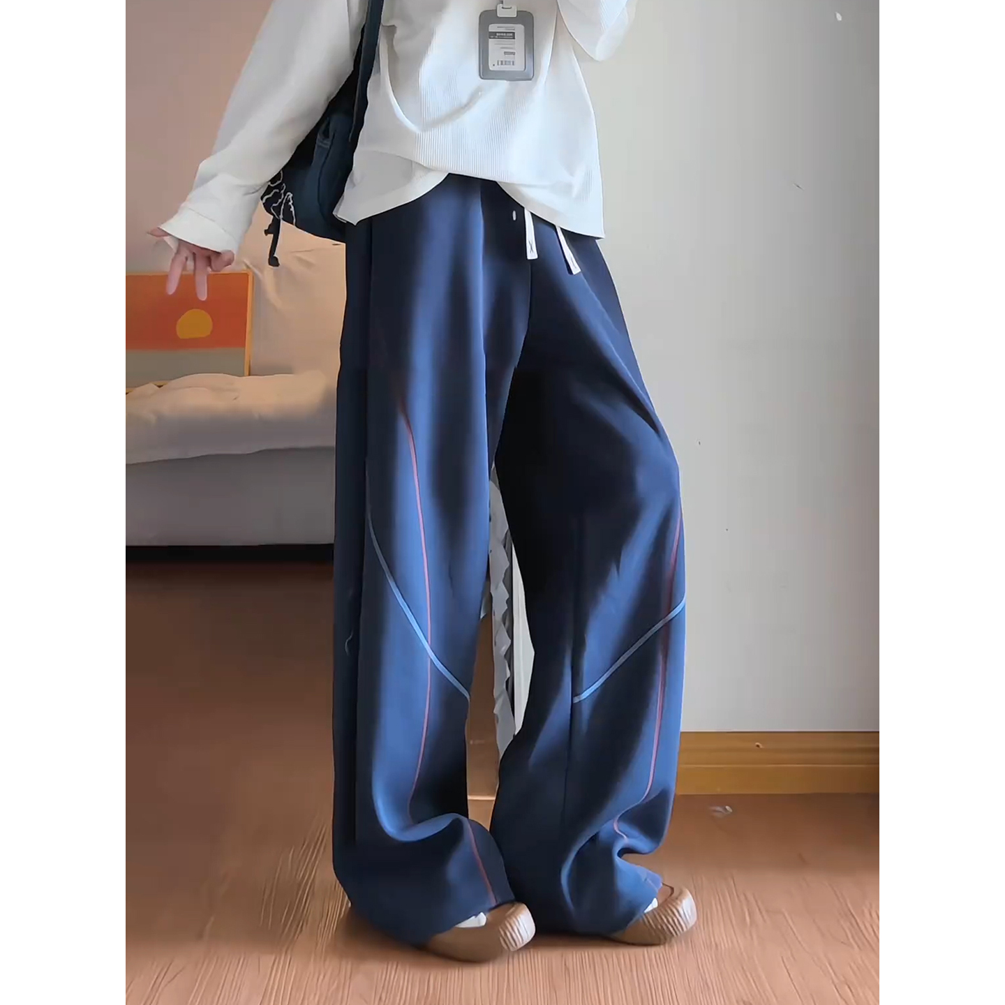 藏青色美式重磅弯刀卫裤男设计感