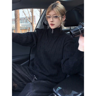 半拉链麻花辩毛衣男款秋冬设计感宽松内搭打底衫半高领针织衫外套