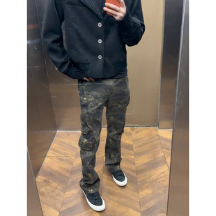 美式bootcut迷彩弯刀牛仔裤男款高街vibe微喇裤子直筒显瘦工装裤