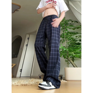 何以至此美式复古vintage裤子男夏季格子休闲裤直筒垂感阔腿长裤