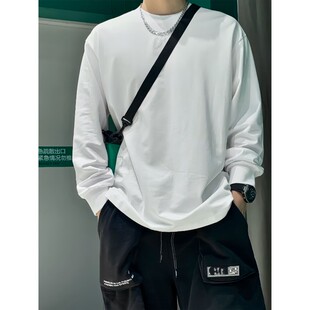 高克重磅长袖t恤男春季cleanfit白色青少年内搭潮牌宽松打底上衣