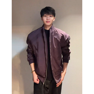 紫色bomber飞行员夹克男春季美式解构拼接棒球服短款廓形立领外套