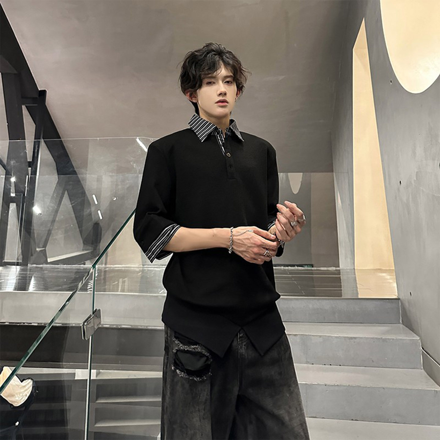 男款高级感假两件复古撞色polo衫