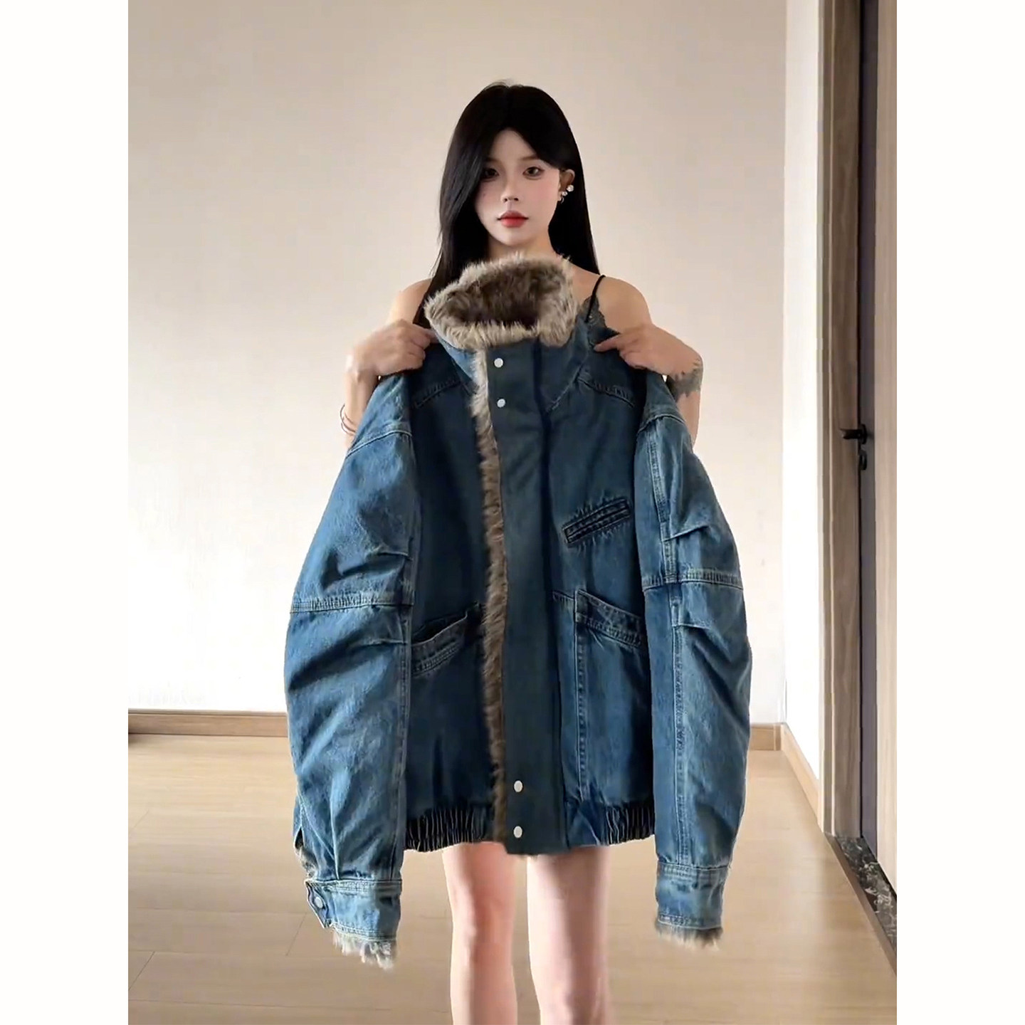 复古解构拼接毛领座山雕牛仔棉服外套男秋冬加厚机车棉衣复古棉袄