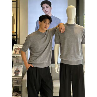老钱风灰色针织短袖男款冬季韩系高级感正肩打底t恤美式半袖毛衣