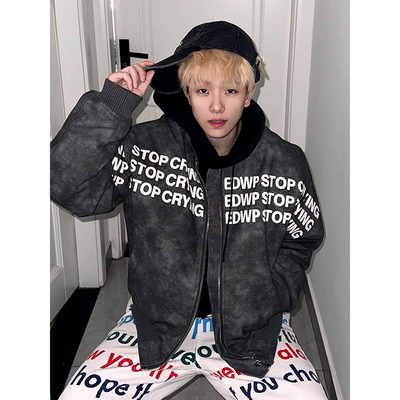 Endweep字母印花pu皮衣外套春秋