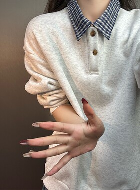 白灰色翻领格子Polo衫男春季美式重磅正肩长袖t恤叠穿假两件卫衣