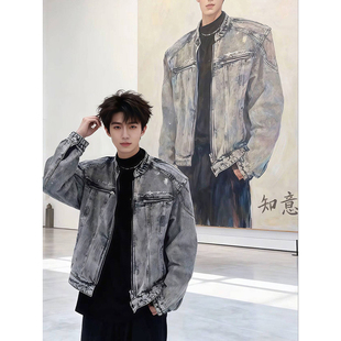 美式水洗工装牛仔外套男款春季高级感痞帅发型师夹克短款垫肩上衣