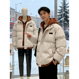 假两件连帽羽绒棉服男款冬季加厚保暖防寒派克服高级感情侣面包服