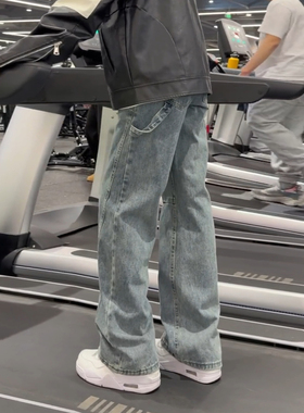 美式复古vibe裤子男款蓝色斜切弯刀牛仔裤直筒显瘦伐木工装阔腿裤