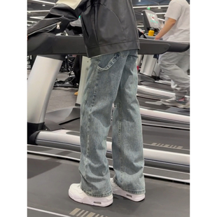 美式复古vibe裤子男款蓝色斜切弯刀牛仔裤直筒显瘦伐木工装阔腿裤