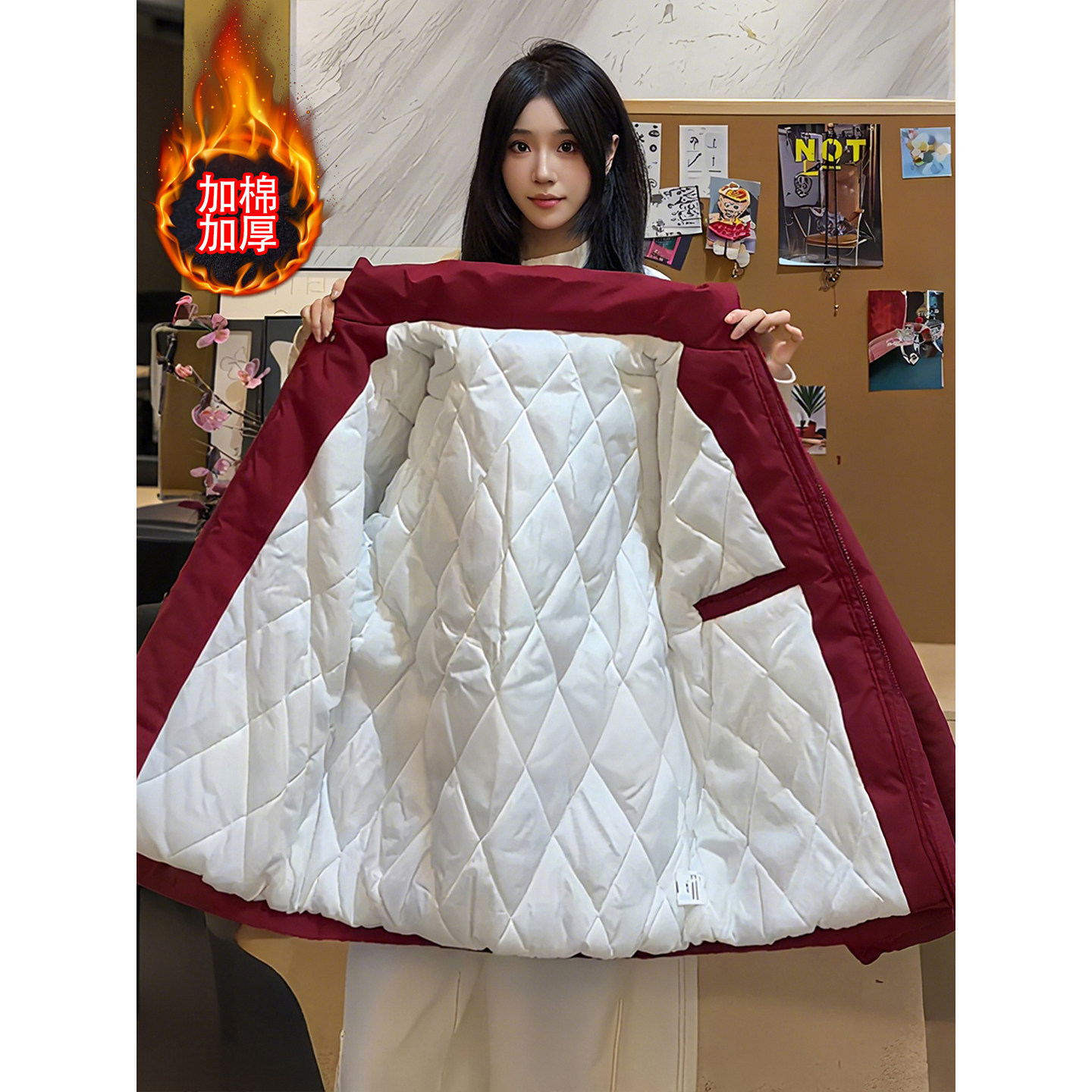 酒红色雾面扎染皮衣棉服秋冬加厚