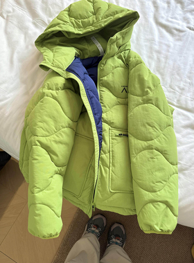 黄绿色户外冲锋衣棉服男女冬季葫芦纹绗缝棉衣加厚防寒连帽滑雪服