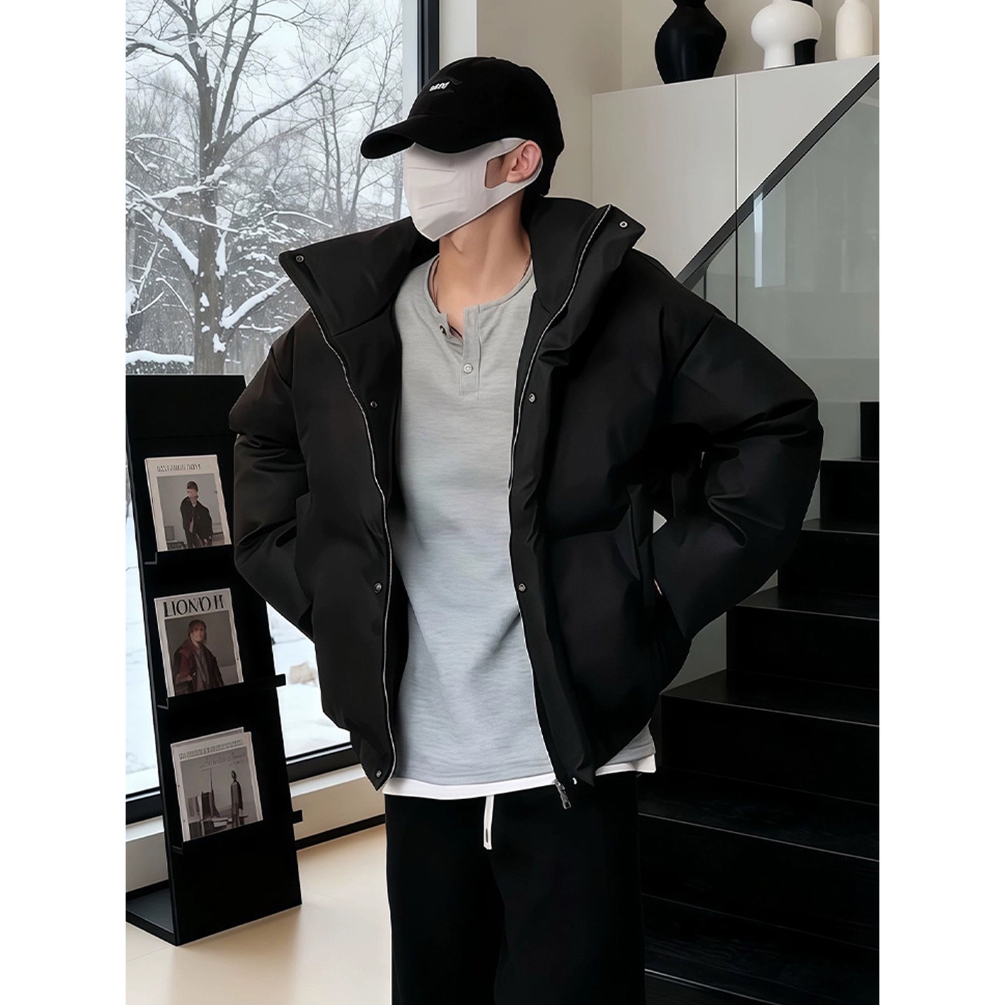 黑色PU皮九江羽绒棉服冬季高级感