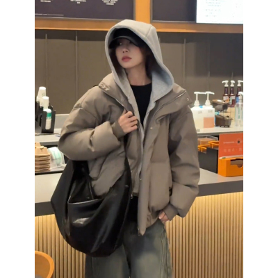 美式假两件连帽pu皮羽绒棉服男女