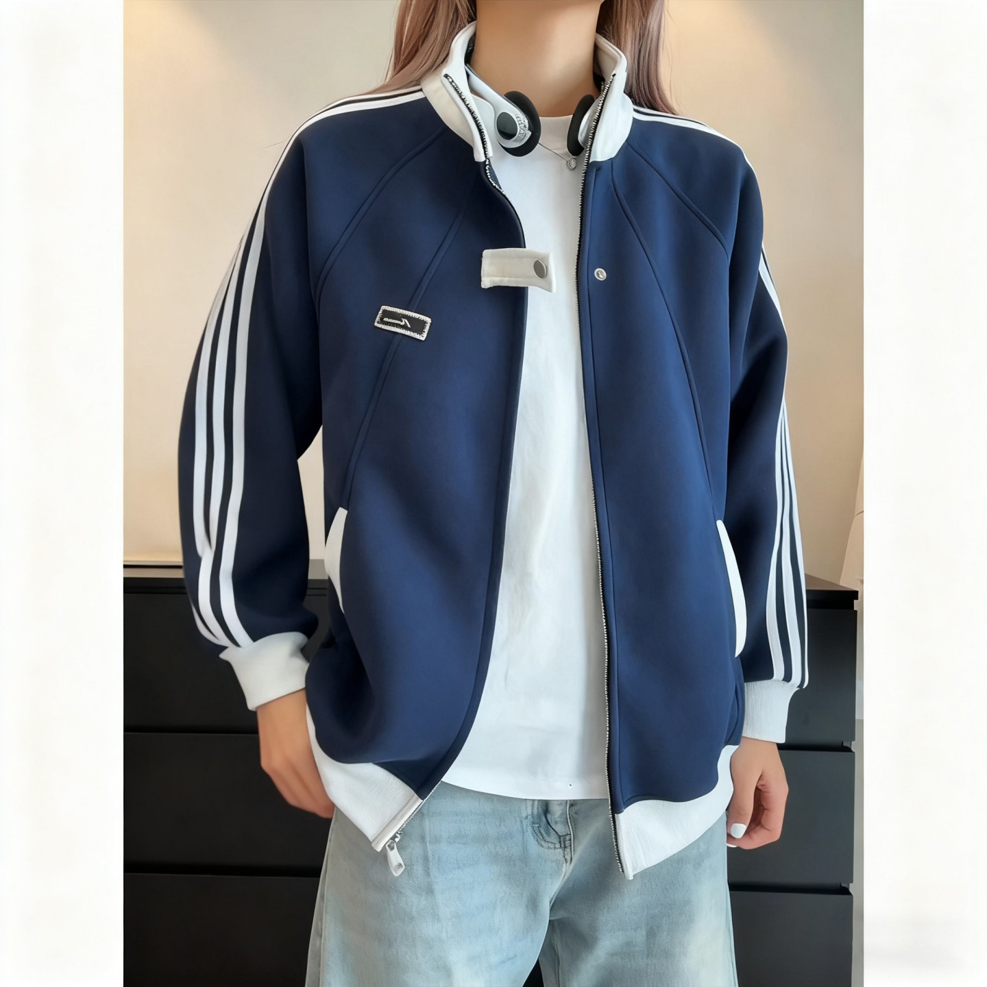 藏青色美式运动风立领外套男夹克