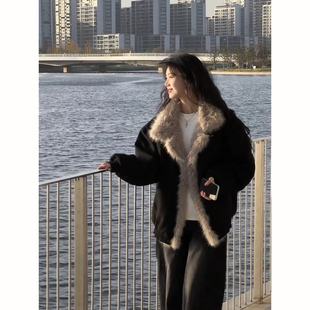 美式座山雕毛领外套男女款冬季加绒加厚短款棉衣高级感情侣厚棉服