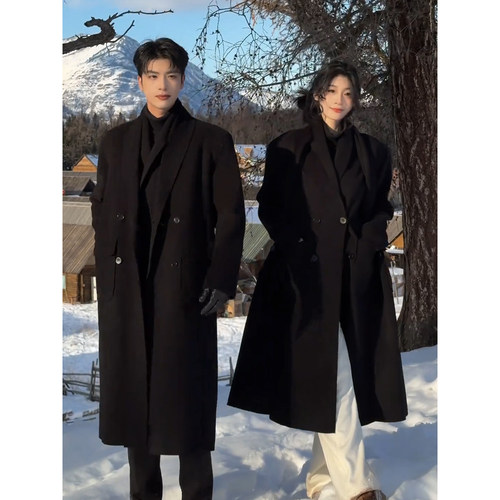 黑色假两件双领毛呢大衣男女冬季