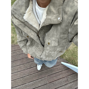 美式鳄鱼纹座山雕夹克棉服男款冬季加绒加厚皮衣外套立领工装棉衣