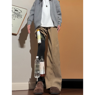 卡其色斜切加绒卫裤男款秋冬美式加厚灯芯绒裤子高级感运动休闲裤