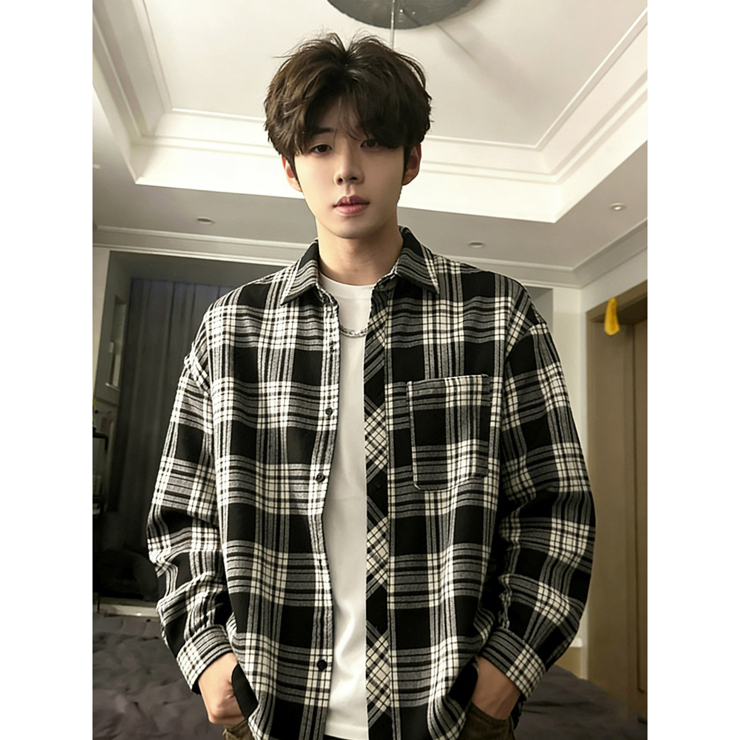 cleanfit黑白格子衬衫男春秋季加绒加厚长袖衬衣美式复古格纹外套,男装,衬衫,淘宝优惠券,粉丝福利购,淘宝优惠卷