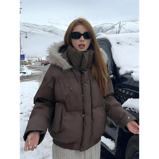 可拆卸毛领pu皮羽绒棉服男女冬季加厚保暖连帽外套美式短款面包服