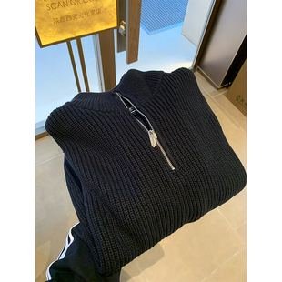 黑色美式复古半拉链立领毛衣男款秋冬设计感内搭打底衫慵懒针织衫
