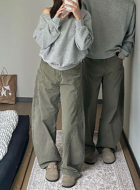 军绿色弯刀工装裤男女款秋季复古美式伐木阔腿裤直筒宽松休闲长裤