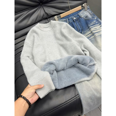 浅灰色加厚加绒毛衣男款秋冬