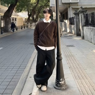 外套 复古叠穿线衫 美拉德棕色麻花毛衣男秋冬慵懒高级感针织衫 美式