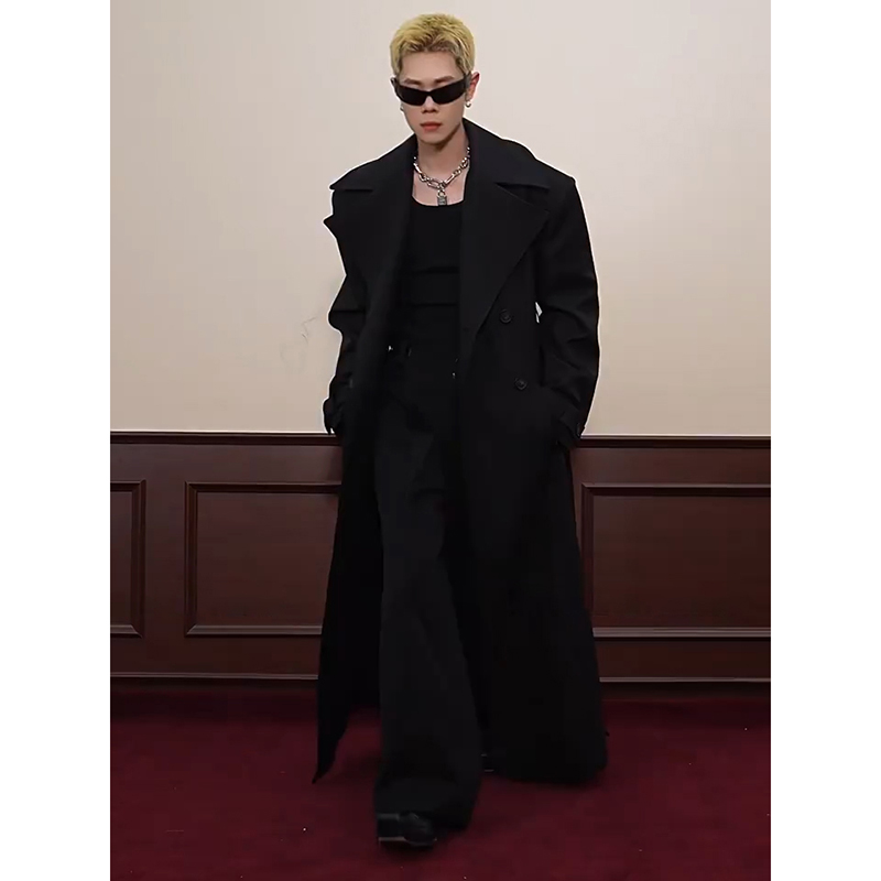 大翻领收腰风衣男春季长款过膝