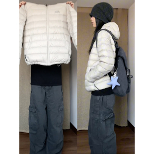 户外冲锋衣内胆情侣运动外套 美式 浅灰色轻薄排骨羽绒服男女款 冬季