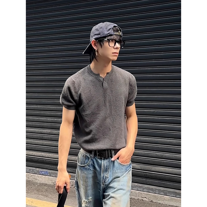 老钱风小v领针织亨利领polo衫男
