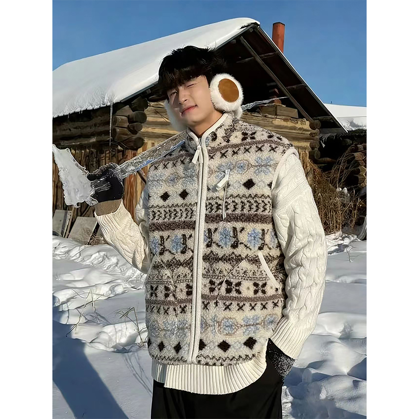 费尔岛羊羔毛双面穿棉服马甲冬季