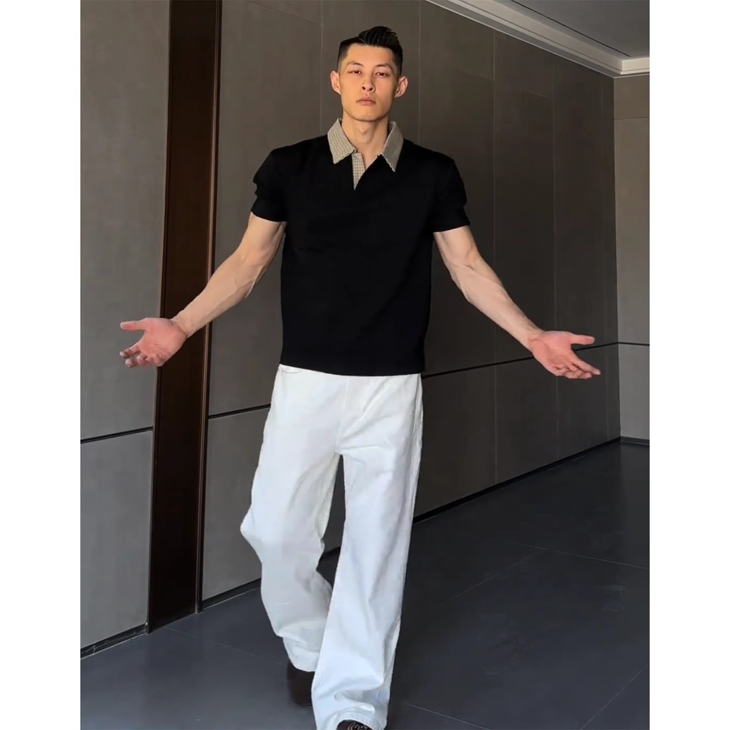 千鸟格亨利领衫短袖男款夏季美式