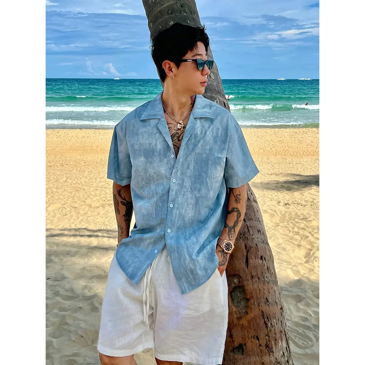 蓝色古巴领扎染衬衫男夏季