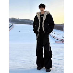 美式高街黑色微喇西裤男款秋冬阔腿工装裤子休闲百搭显瘦加绒长裤