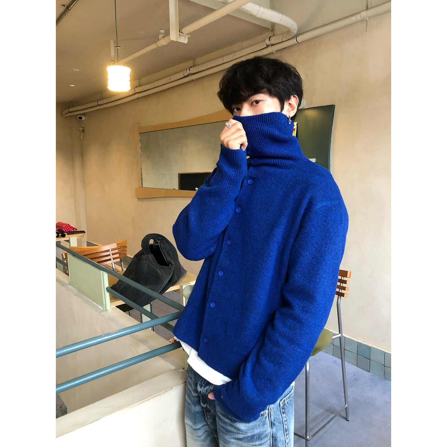 美式复古宝石蓝纽扣高领毛衣男春秋慵懒氛围感针织衫休闲百搭外套,男装,针织衫/毛衣,淘宝优惠券,粉丝福利购,淘宝优惠卷