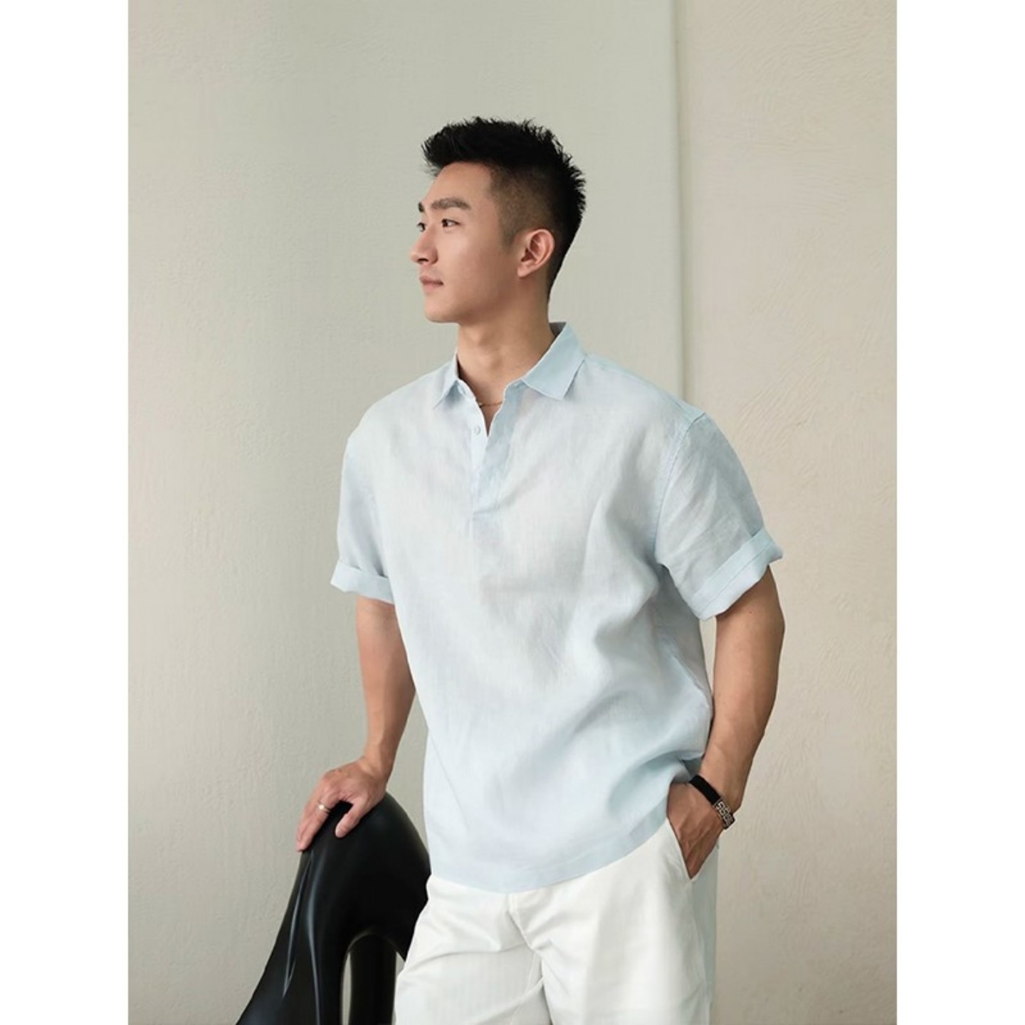 浅蓝色天丝亚麻短袖polo衫男夏季