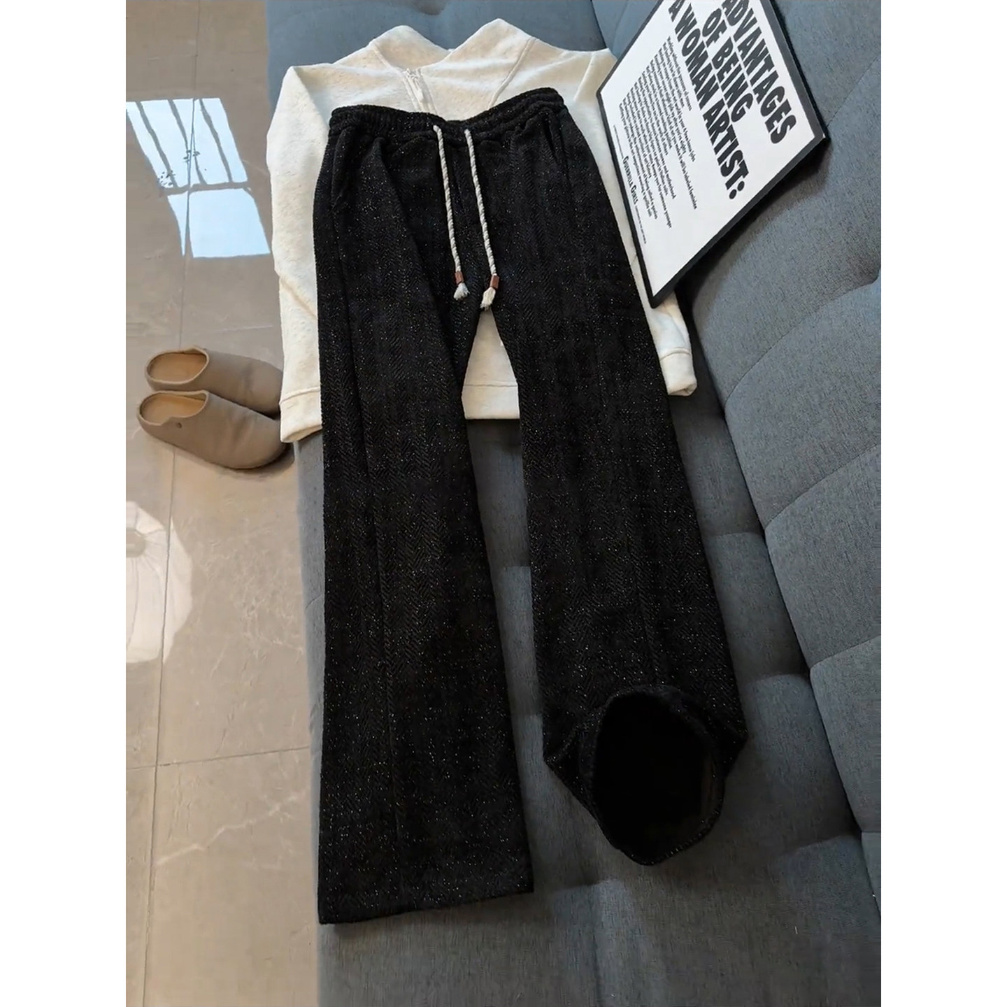 黑色满天星小香风休闲裤男美式慵懒松弛感裤子显腿长重磅加绒卫裤,男装,休闲裤,淘宝优惠券,粉丝福利购,淘宝优惠卷