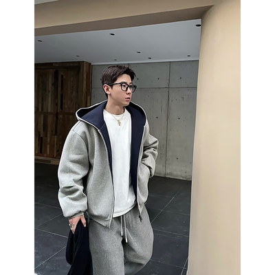 美式boxy短宽版型撞色连帽卫衣男