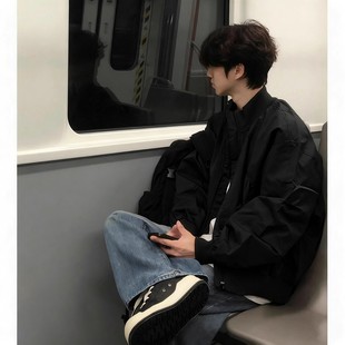 美式 夹棉加厚外套正肩立领棒球服 boxy廓形飞行夹克棉服男秋冬短款