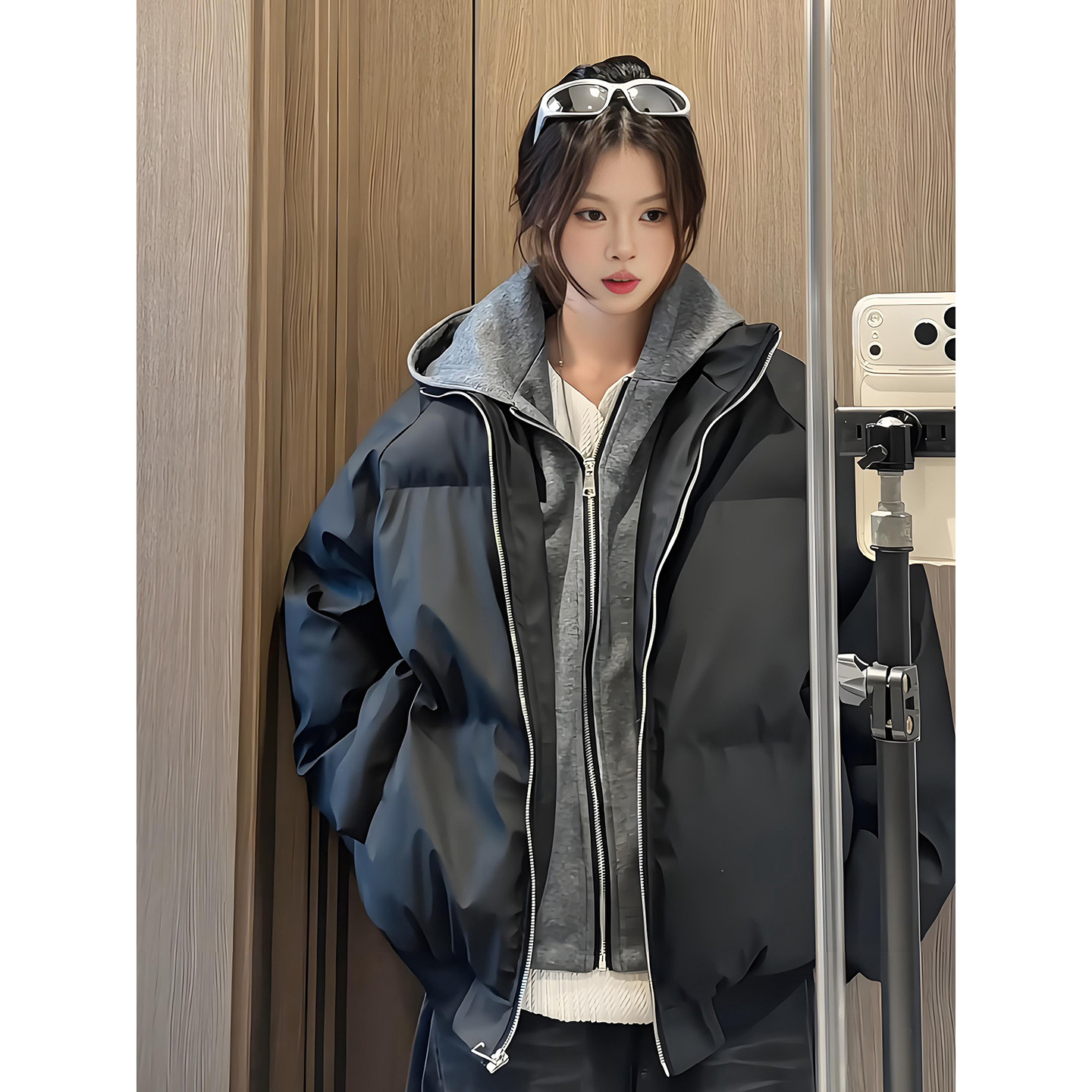 黑色假两件羽绒棉服男款冬季