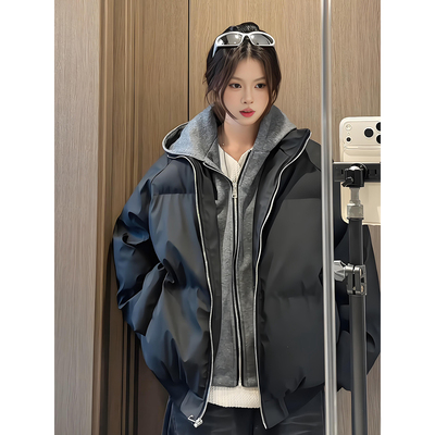 黑色假两件羽绒棉服男款冬季